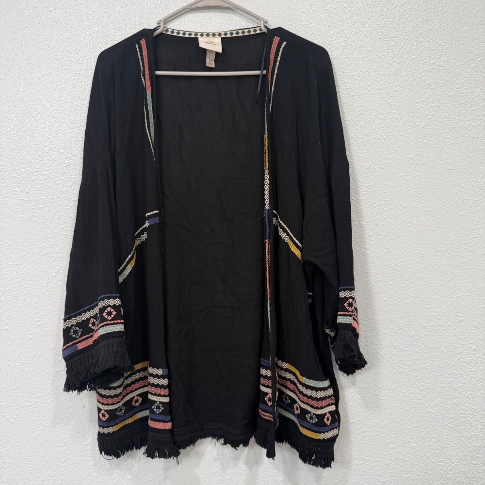 Knox Rose Black Embroidered Fringe Kimono Cardigan XS Bohemian Open Front Wrap